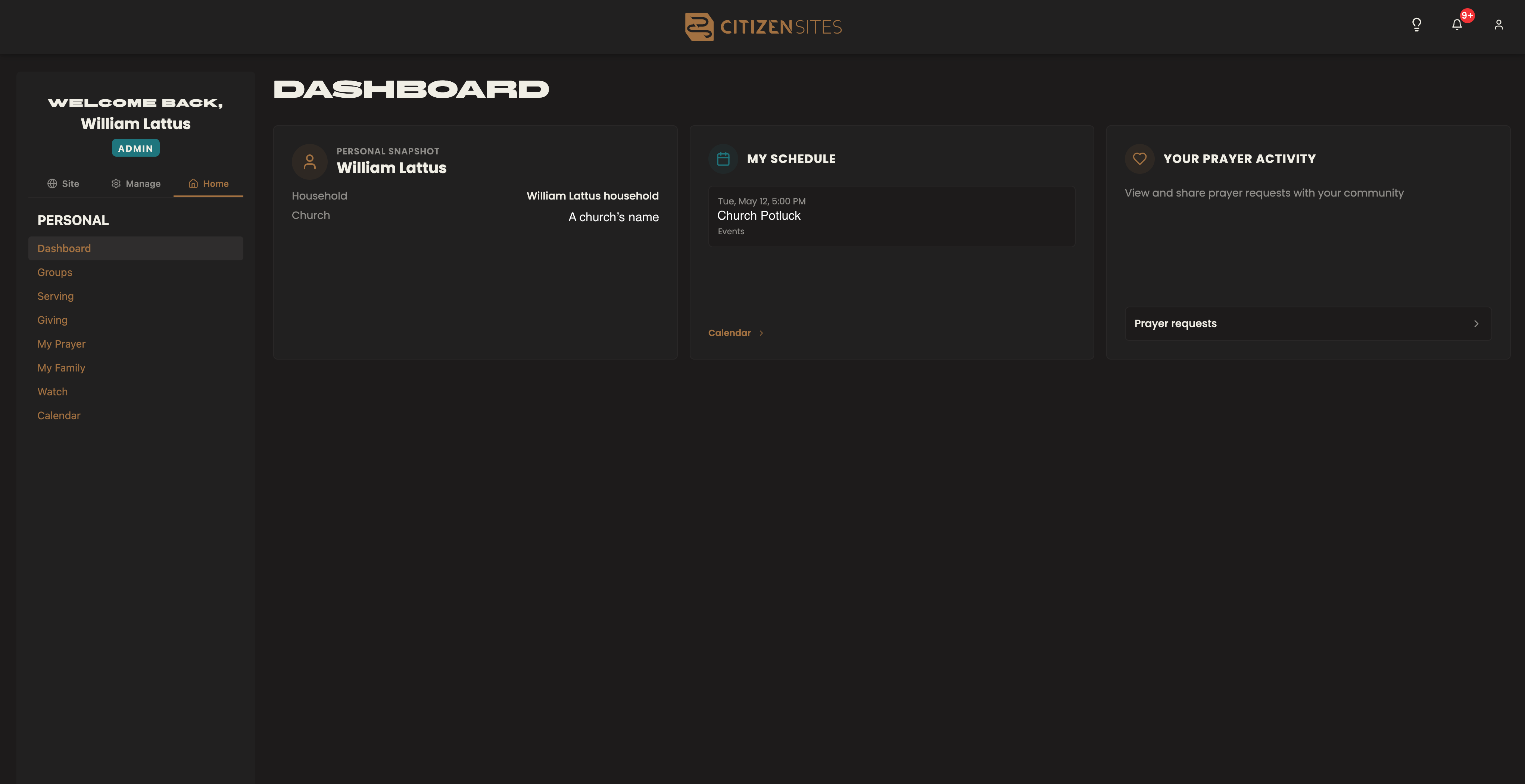 The Citizen Sites portal dashboard